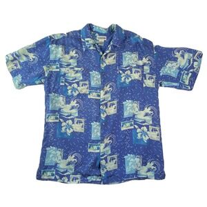 Visitor Hawaiian‎ Shirt Men M Blue Silk Floral Stamp Print Aloha Retro 80s 90s